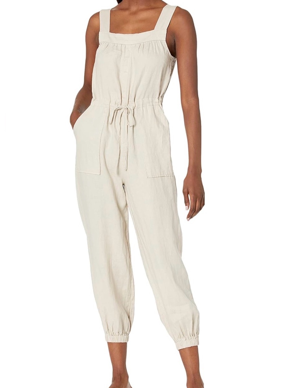 DKNY 100% Linen Jumpsuit Beige Drawstring Utility Pockets Size M